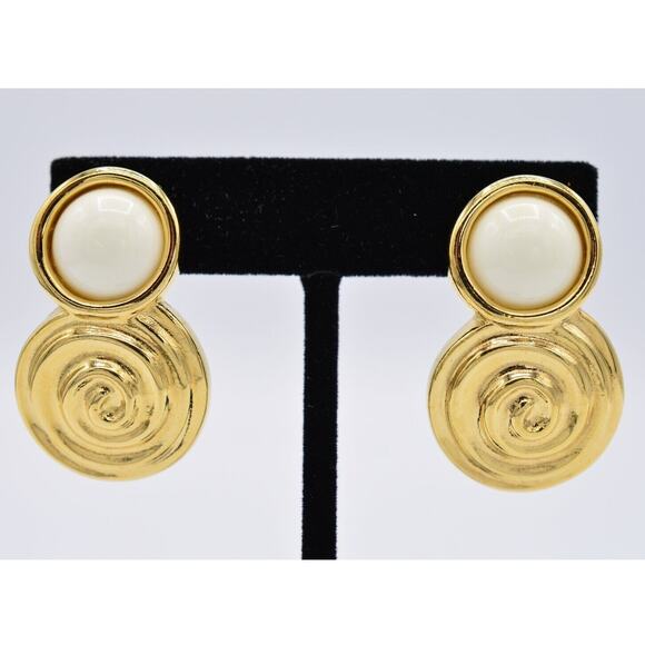 Givenchy Vintage Clip On Earrings White Cabochon Chunky Gold Signed 80s 1980s 9M - Picture 1 of 12